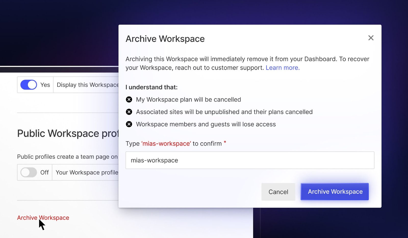 現在,工作區所有者可以直接從儀表板存檔工作區。