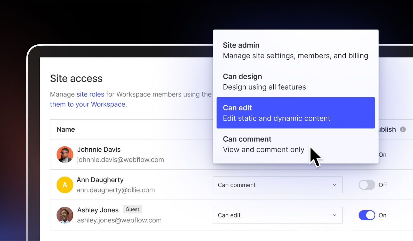 Designer 中的兩個新角色可增強 Webflow 中的內容編輯和協作。