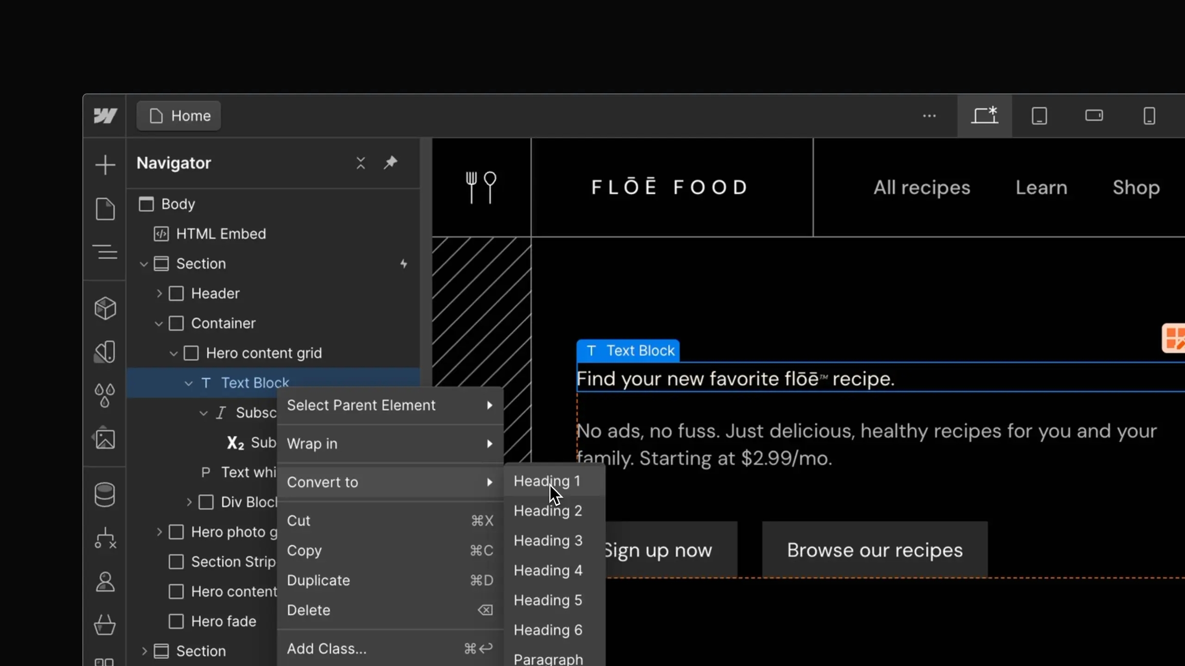 在上下文選單中將文字區塊元素轉換為標題 1 元素。