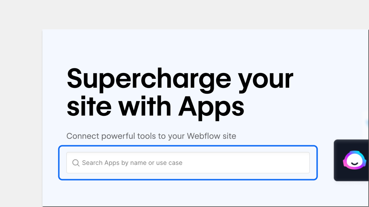 顯示 webflow.com/apps 並反白顯示向該頁面新增搜尋列的圖像。