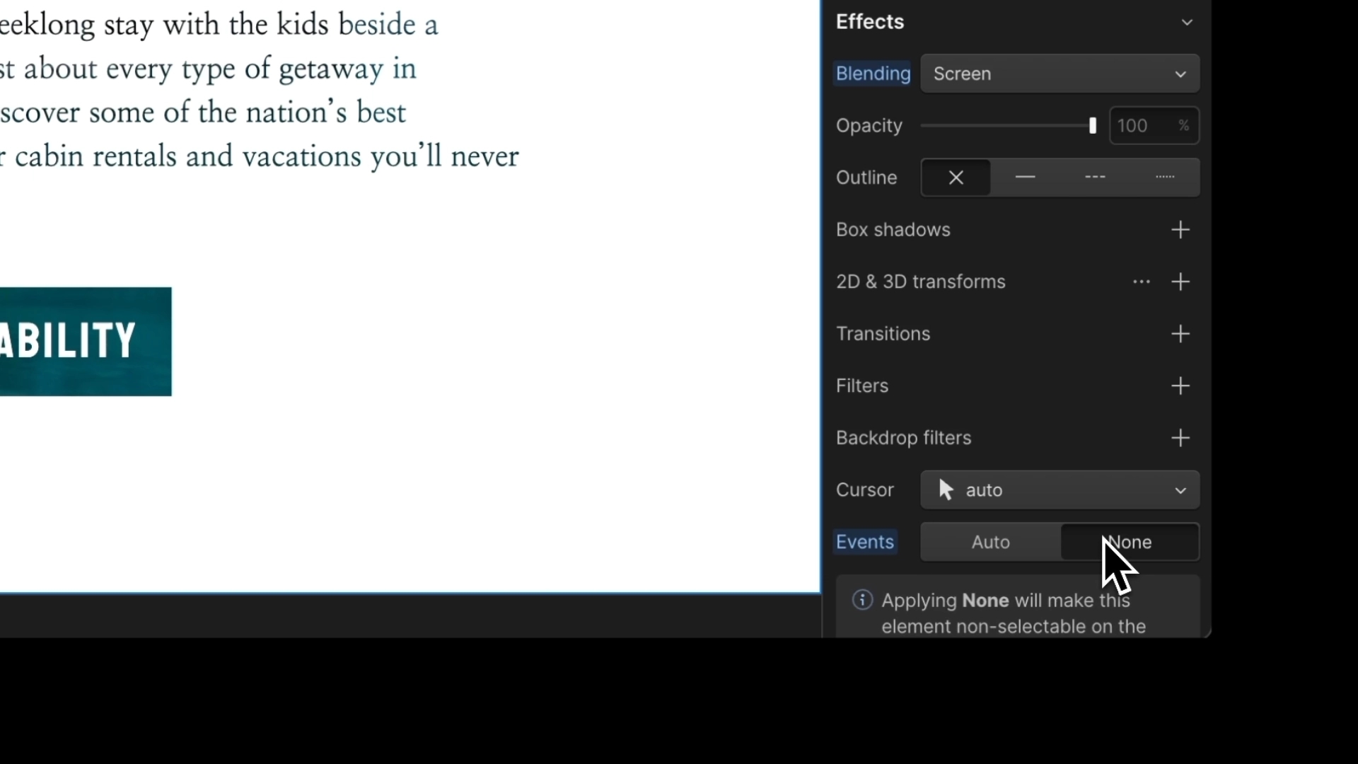 將元素的指標事件設為無。