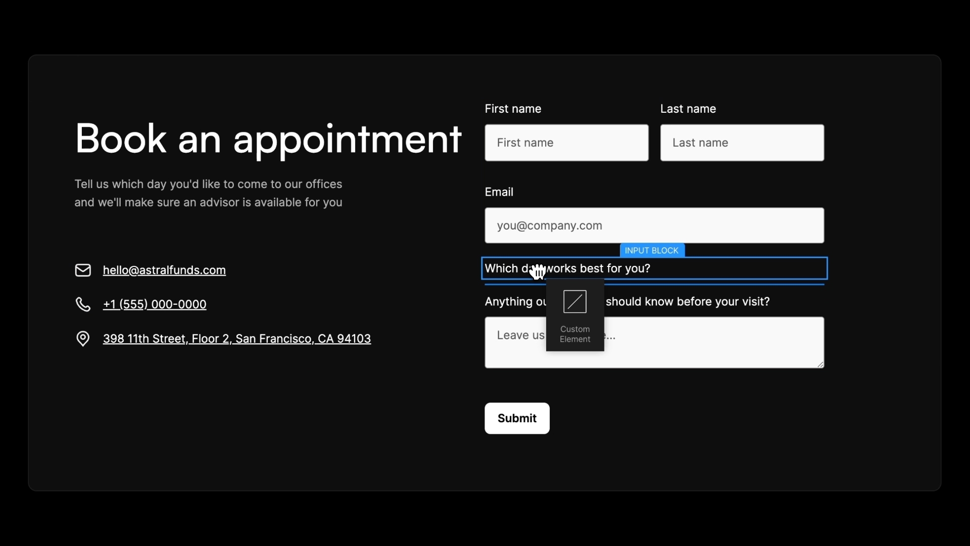 將自訂元素拖曳到表單中以建立日期選擇器。