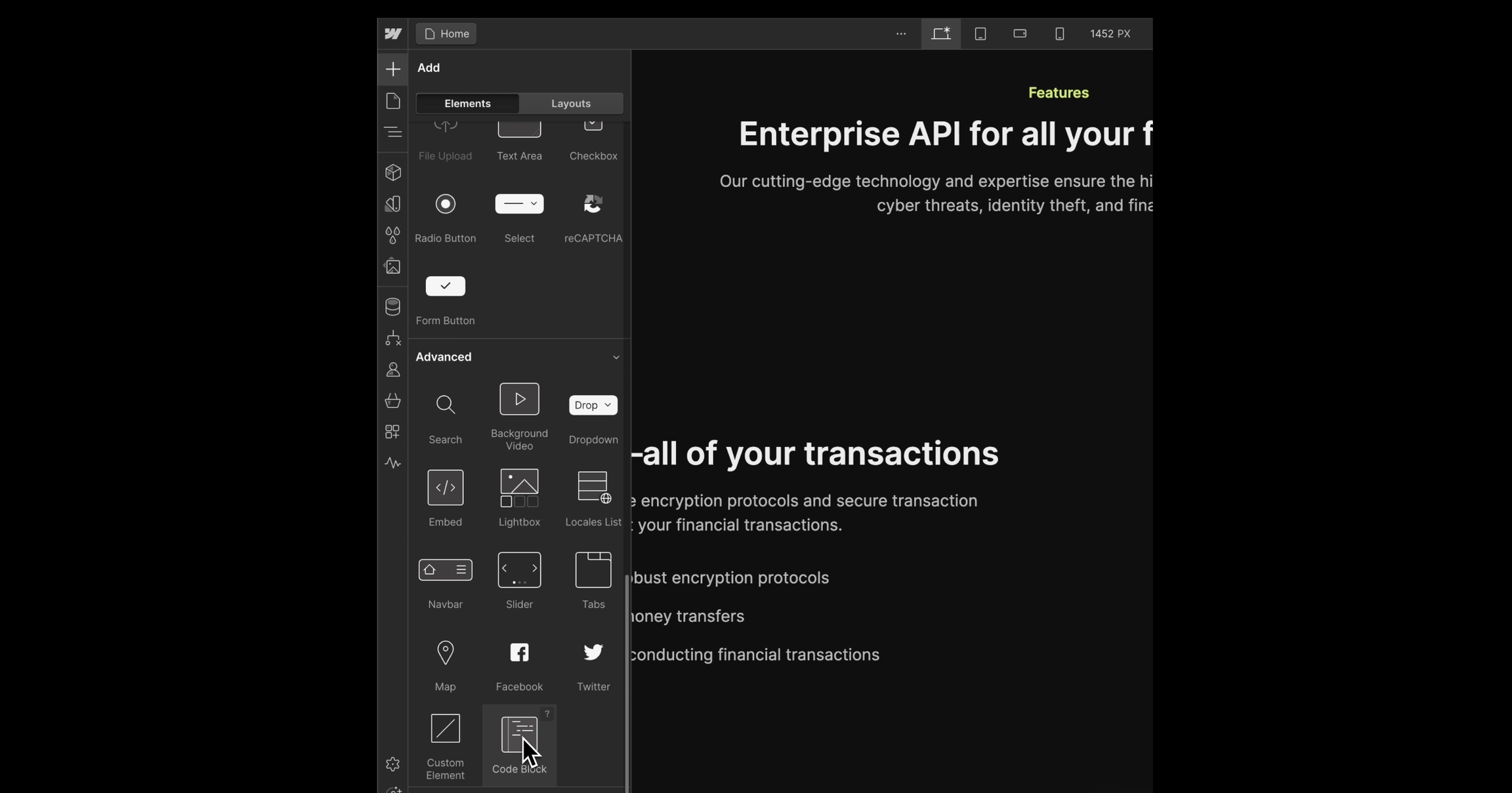 Webflow 設計器開啟了新增面板,並將滑鼠懸停在程式碼區塊元素上。