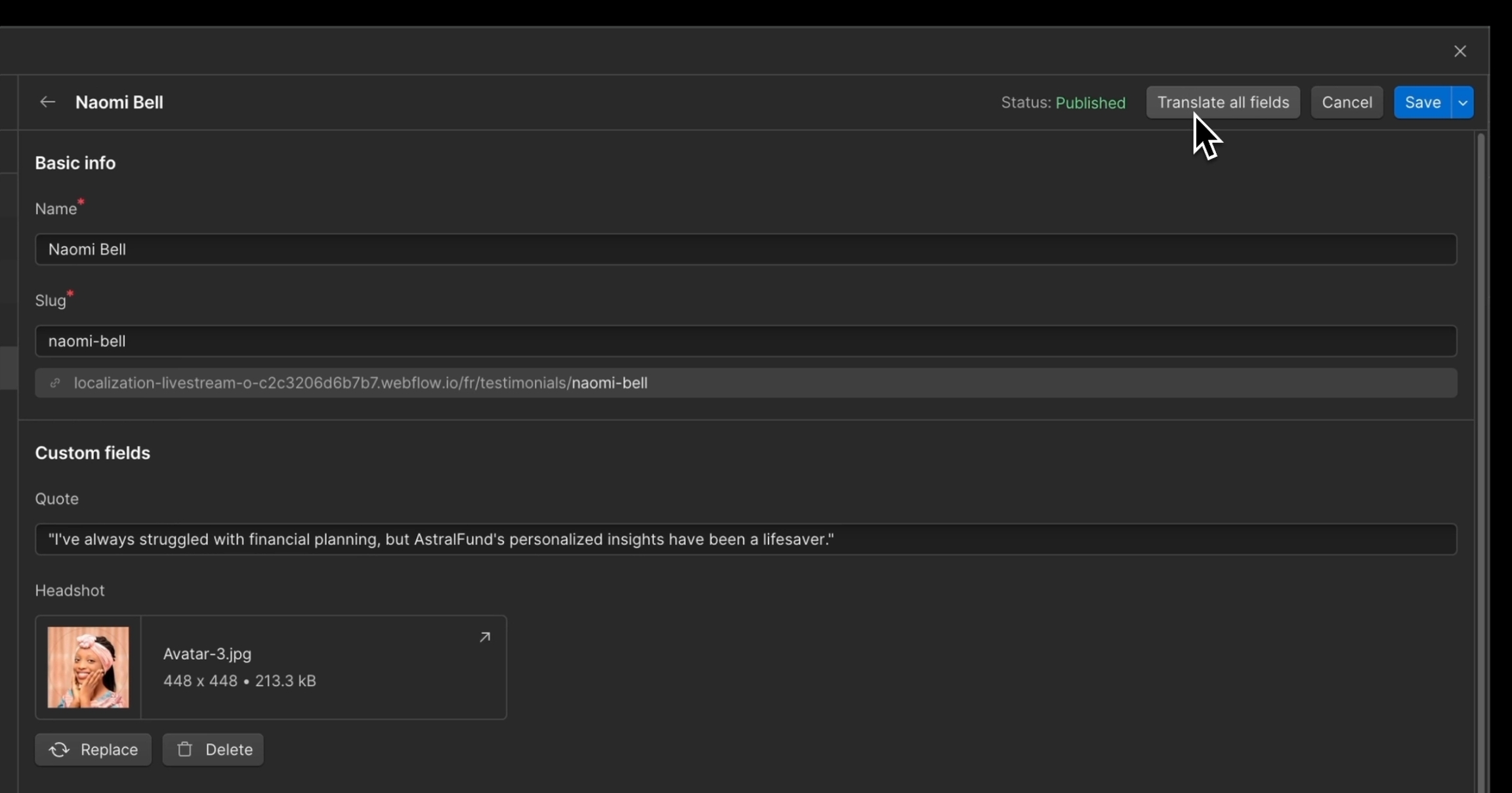 滑鼠懸停在 Webflow 上單一 CMS 項目中的「翻譯所有欄位」按鈕上。