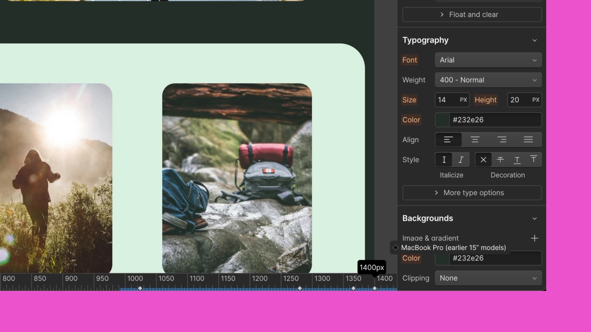 畫布底部始終存在水平標尺,在本例中顯示的設計寬度為 1400 像素。