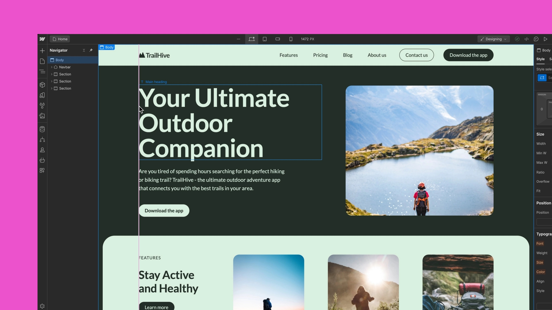 使用者的遊標位於畫布上顯示的粉紅色垂直線上。它與徽標、標語和其他設計元素保持一致。