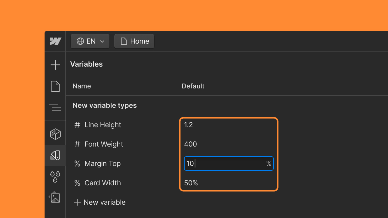 變數面板顯示帶有數字和百分比值的新變量,即 1.2、400、10% 和 50%