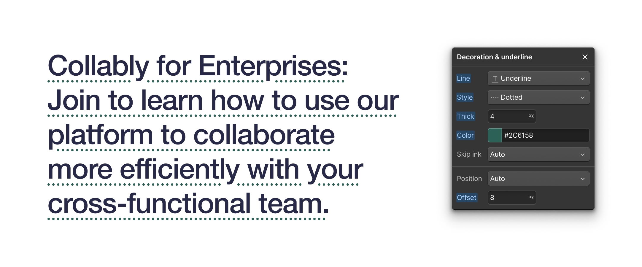 文字裝飾有點狀、深青色底線,偏移量為 8 像素