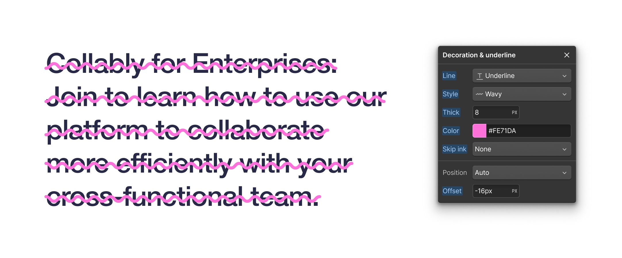 相同的文本,但現在有一條粗的粉紅色波浪線貫穿文本