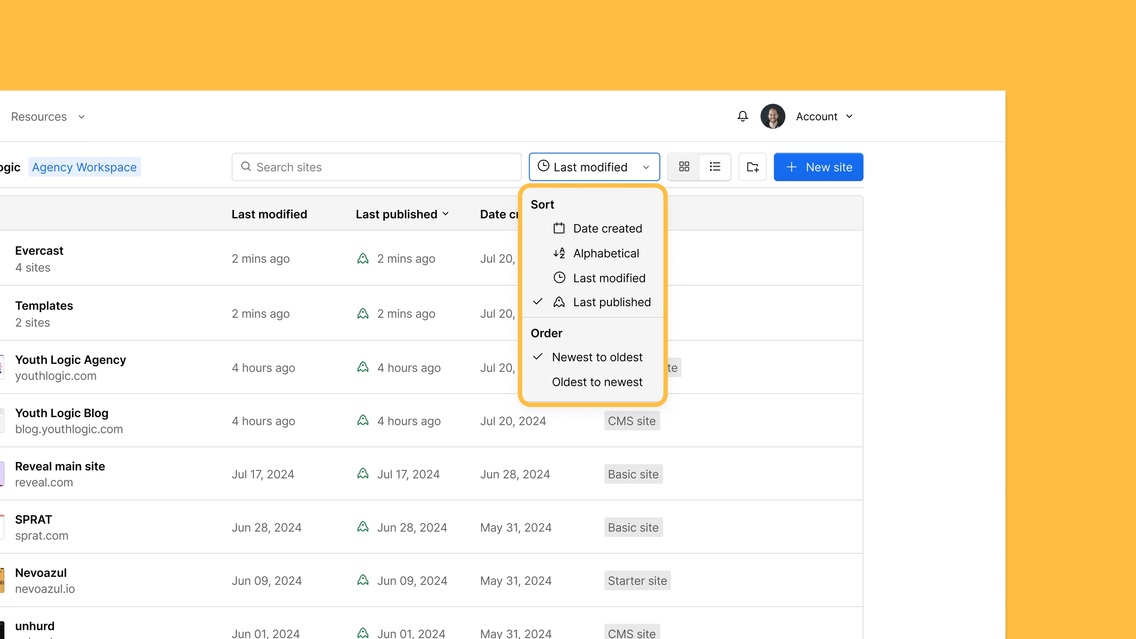清單檢視中的 Webflow 儀表板的螢幕截圖顯示了本文中突出顯示的新排序功能